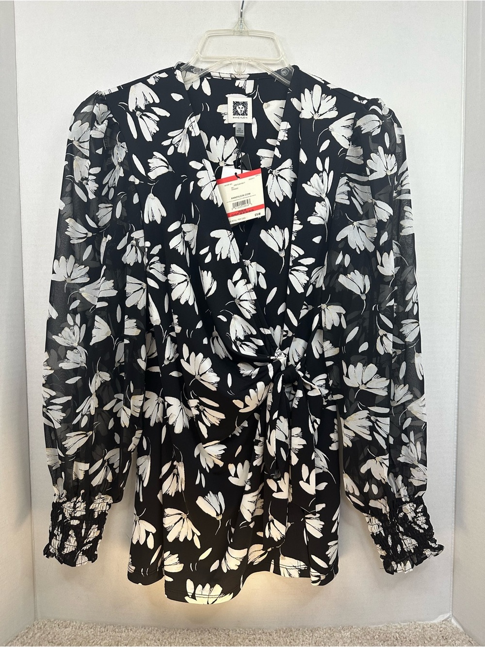Anne Klein Black & White Floral Tie-Front Blouse, Sheer Sleeves, size XS, NWT